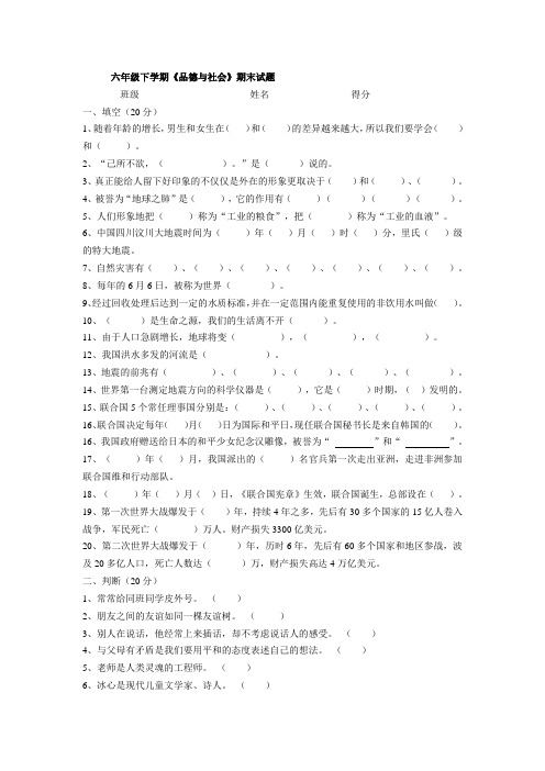 人教版六下品社试卷