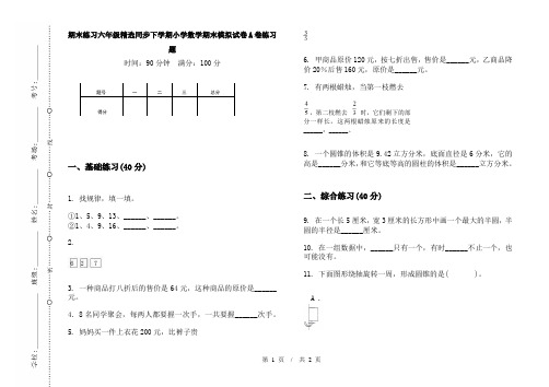 期末练习六年级精选同步下学期小学数学期末模拟试卷A卷练习题