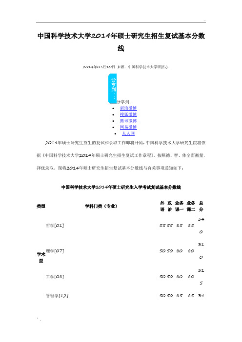 中国科学技术大学2014年硕士研究生招生复试基本分数线