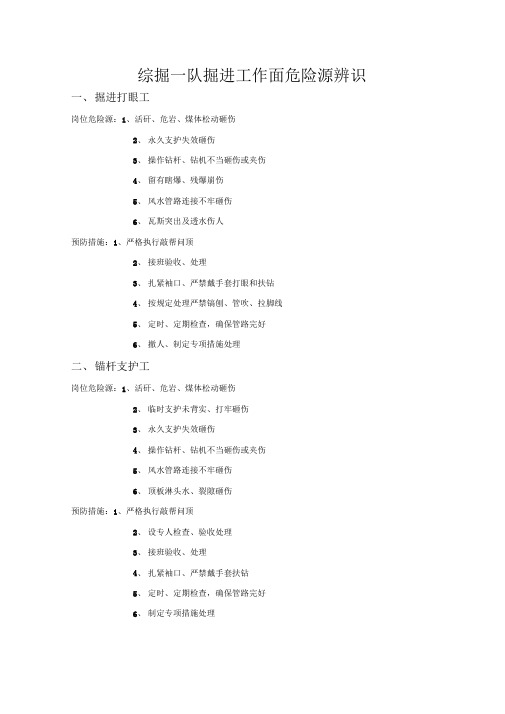 综掘一队掘进工作面危险源辨识