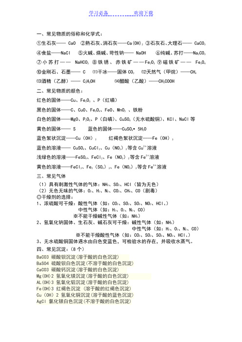 初中化学常见物质俗称及颜色
