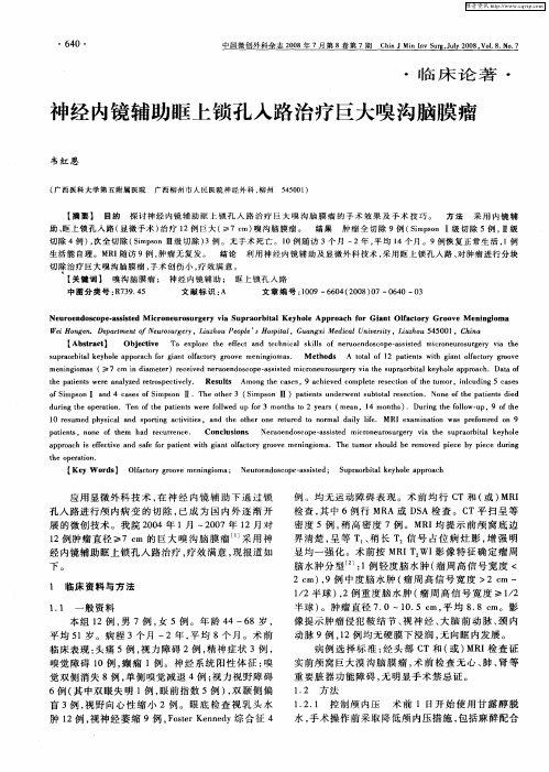 神经内镜辅助眶上锁孔入路治疗巨大嗅沟脑膜瘤