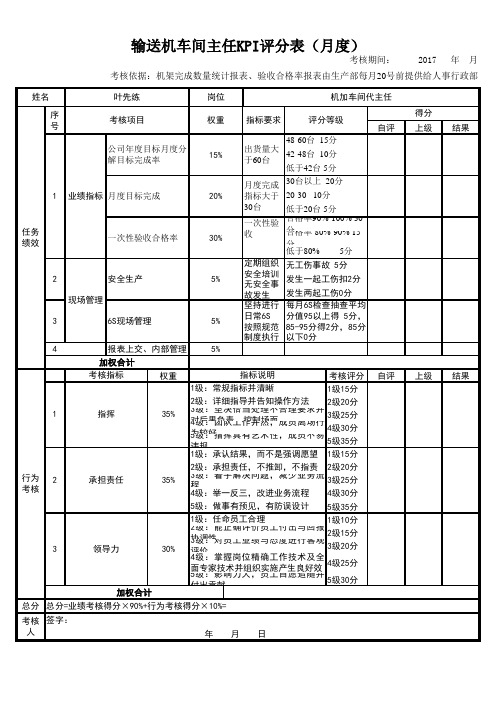 输送机车间主任KPI评分表(月度)