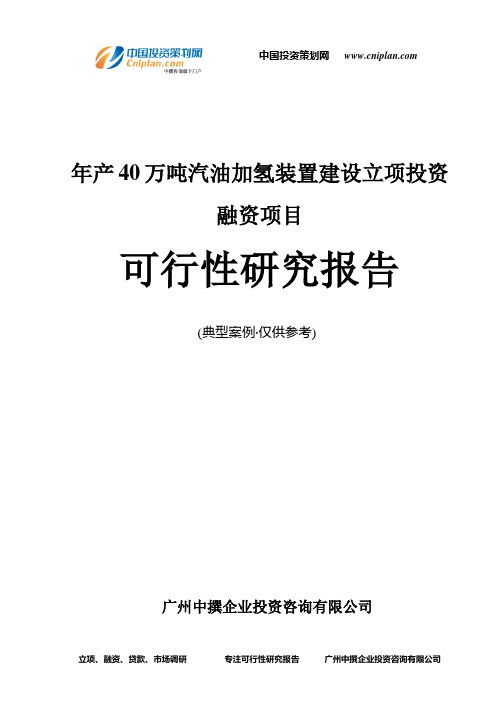 年产40万吨汽油加氢装置建设融资投资立项项目可行性研究报告(中撰咨询)