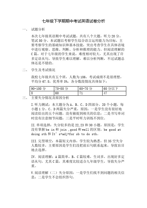 冯首明--七年级下学期期中考试英语试卷分析