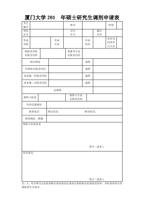 XX大学201年硕士研究生调剂申请表【模板】