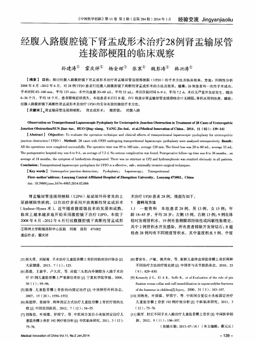 经腹入路腹腔镜下肾盂成形术治疗28例肾盂输尿管连接部梗阻的临床观察