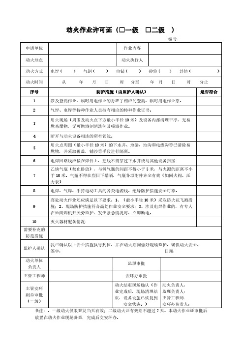 动火作业许可证