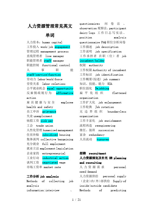 人力资源管理常见英文词汇