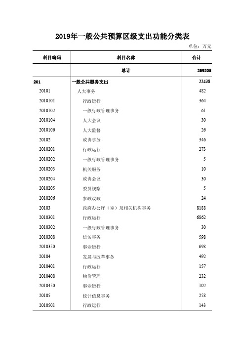 2019年一般公共预算区级支出功能分类表