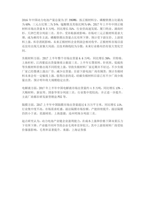 2016年中国动力电池产量总量为27