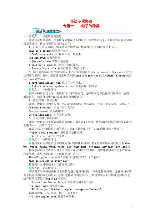 中考英语总复习 专题十二 句子的种类(语法专项突破+系统梳理+提升演练)(含解析) 人教新目标版 