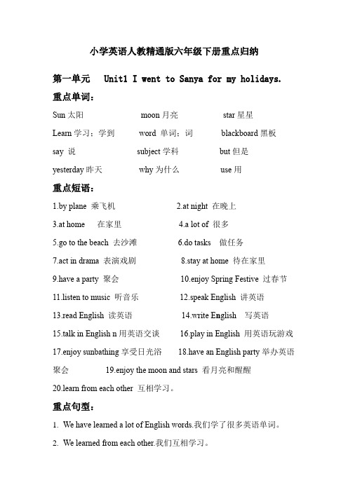 小学英语人教精通版六年级下册重点归纳复习进程