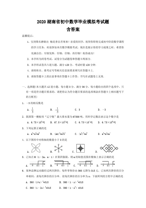 2020年湖南省初中数学毕业学业考试题(含答案)