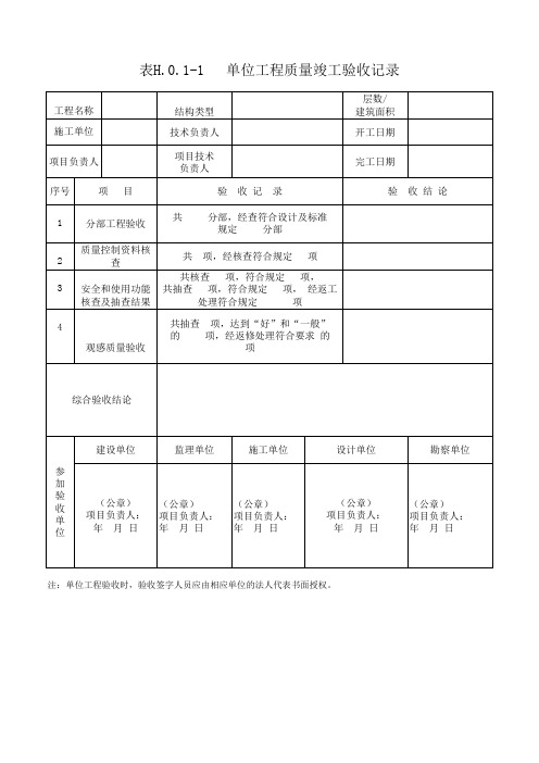 表H.0.1-1   单位工程质量竣工验收记录