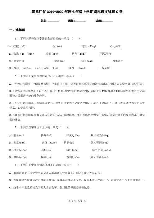 黑龙江省2019-2020年度七年级上学期期末语文试题C卷