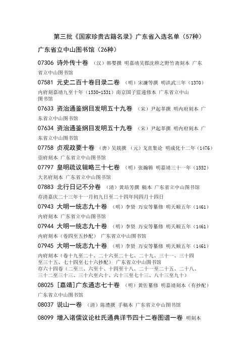 第三批国家珍贵古籍名录广东省入选名单(57种)