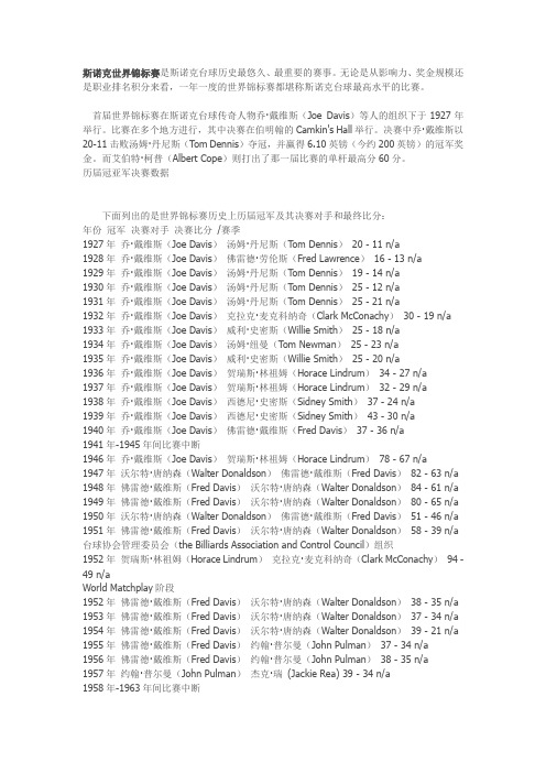 世界锦标赛历史上历届冠军及其决赛对手和最终比分