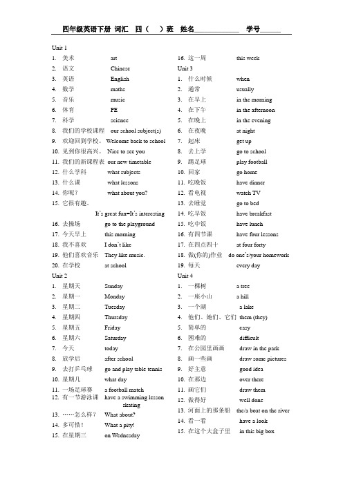 译林英语四年级下册 词组(中英文版)