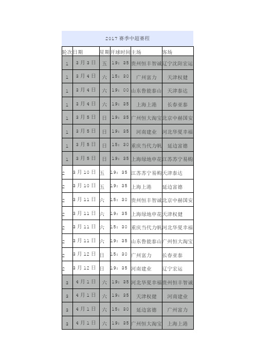 2017赛季中超赛程