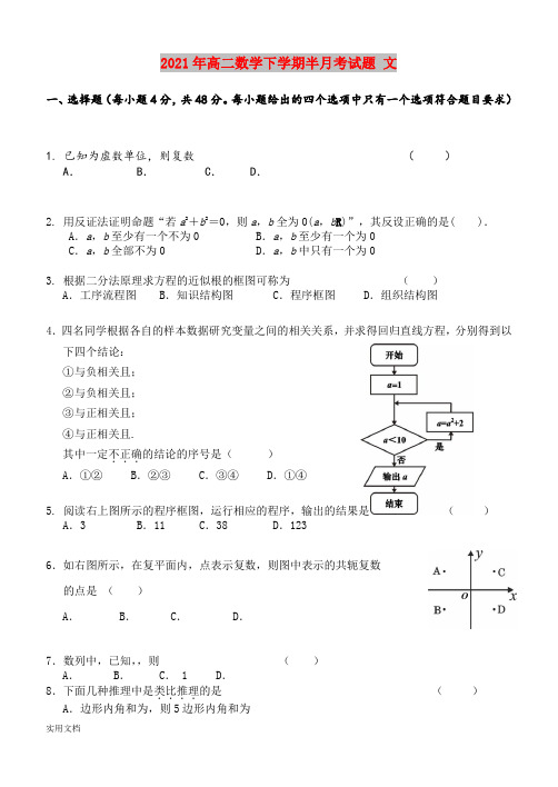 2021-2022年高二数学下学期半月考试题 文