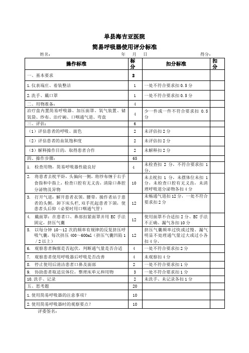 简易呼吸器操作评分标准2012.10.9