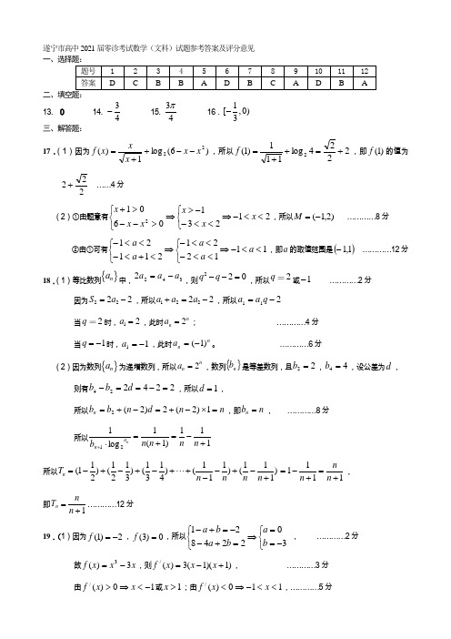 2021年遂宁高三零诊数学(文科答案)