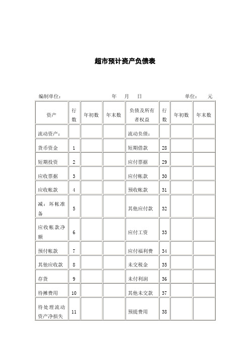 超市预计资产负债表