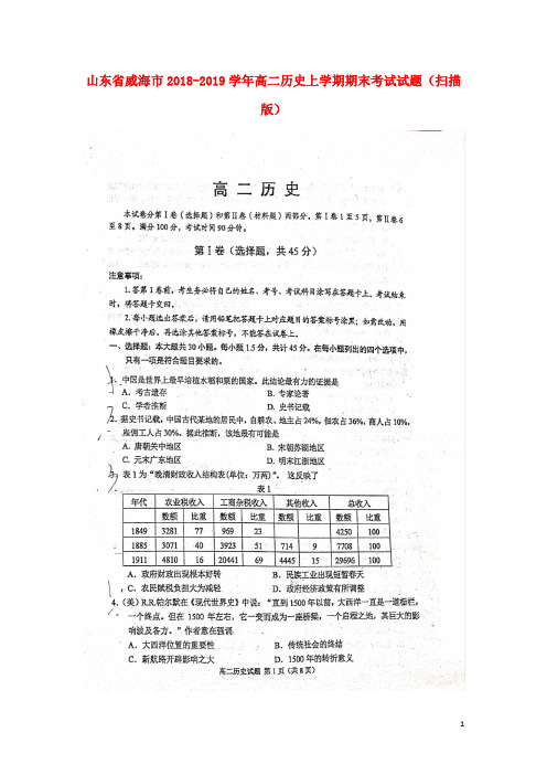 山东省威海市2018_2019学年高二历史上学期期末考试试题(扫描版)