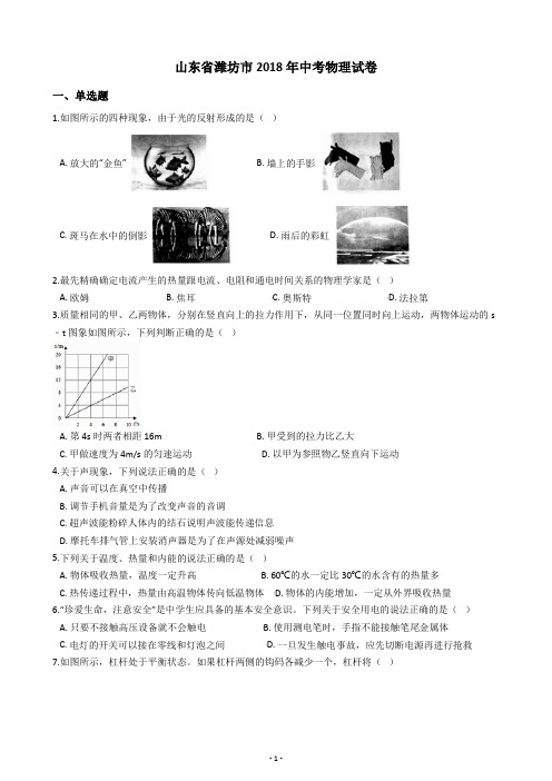山东省潍坊市2018年中考物理试卷(含答案解析)