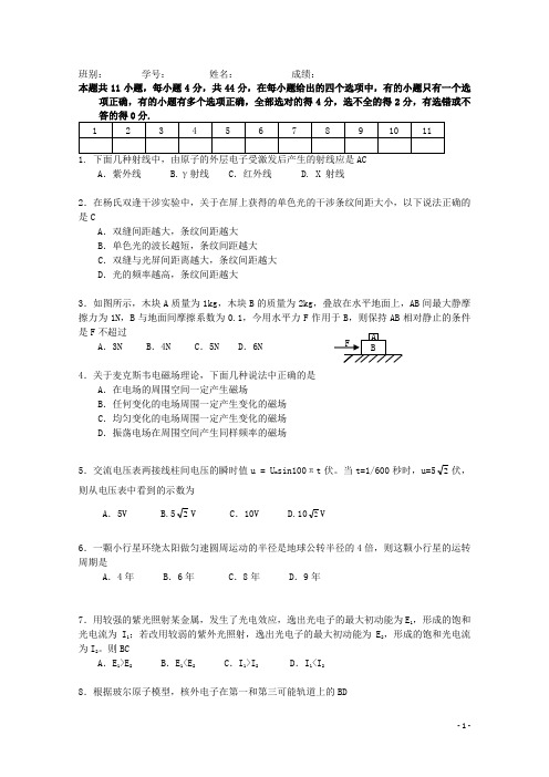 宁波市鄞州五乡中学高三物理 选择题专项训练(5)