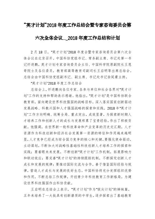 “英才计划”2018年度工作总结会暨专家咨询委员会第六次全体会议..._2018年度工作总结和计划