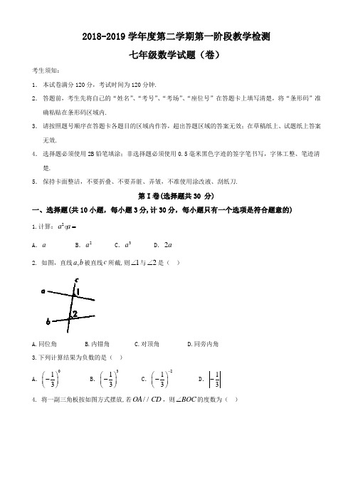 2018-2019学年度第二学期第一阶段教学检测 七年级数学(无答案)