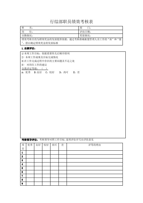行政部管理人员绩效考核表