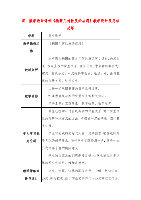 高中数学教学课例《椭圆几何性质的应用》课程思政核心素养教学设计及总结反思