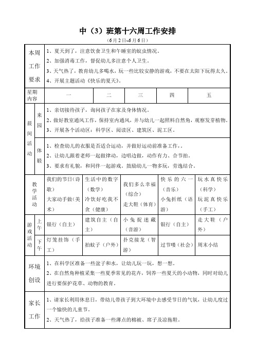 中(3)班第十六周工作安排