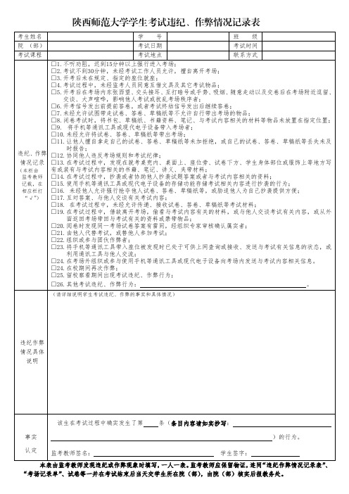 陕西师范大学学生考试违纪作弊情况记录表