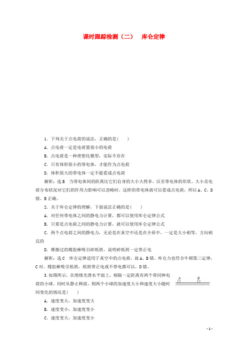 (山东省专用)2018-2019学年高中物理 第一章 静电场 课时跟踪检测(二)库仑定律(含解析)新人教版选修3-1.doc