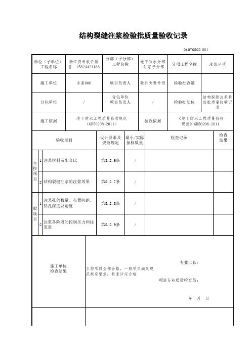 【工程表格模板】构裂缝注浆检验批质量验收记录