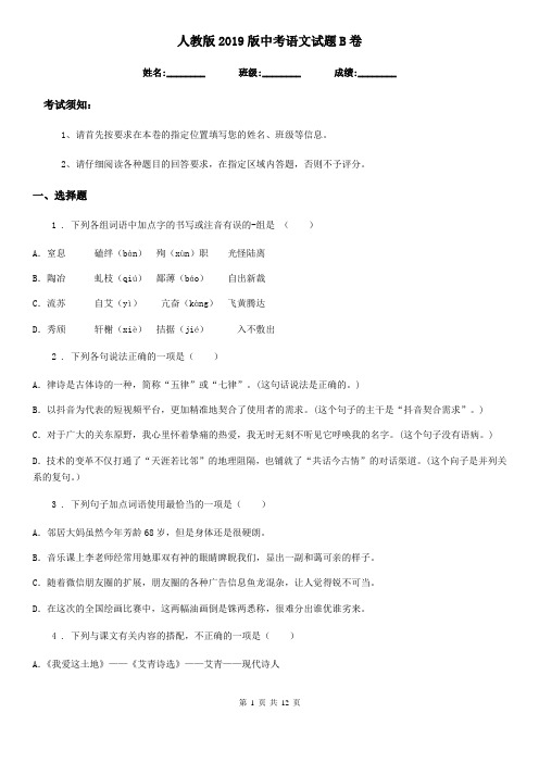 人教版2019版中考语文试题B卷新版