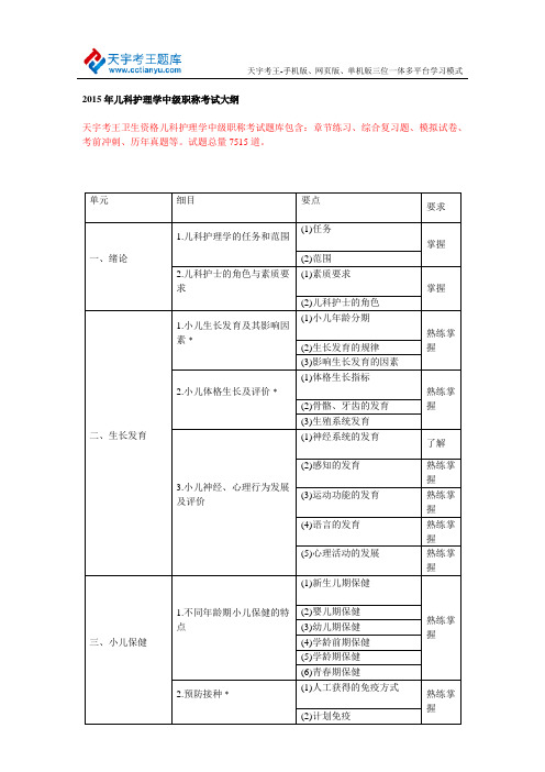 2015年儿科护理学中级职称考试大纲