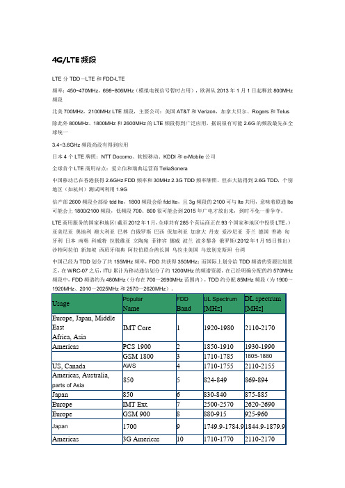 TDD-FDD频段及使用情况2012年底