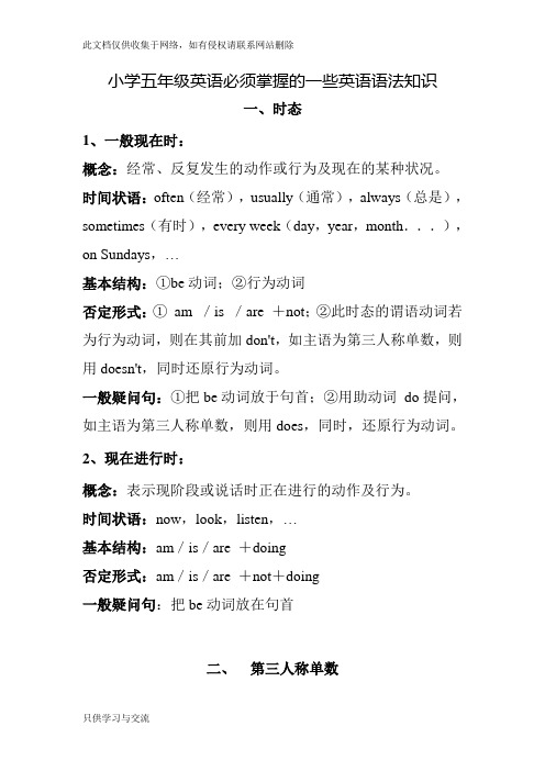 小学五年级英语必须掌握的一些英语语法知识备课讲稿
