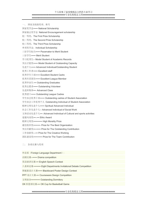 奖学金、社团、证书、竞赛奖项中英文对照(写简历用得到)【新版精品资料】