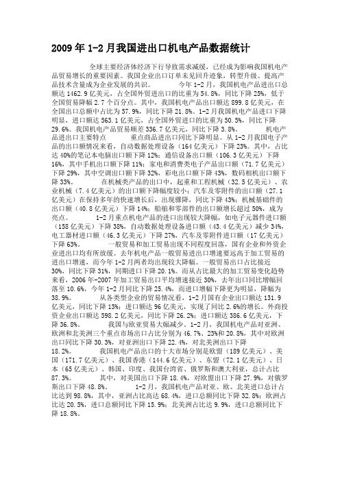2009年1-2月我国进出口机电产品数据统计.