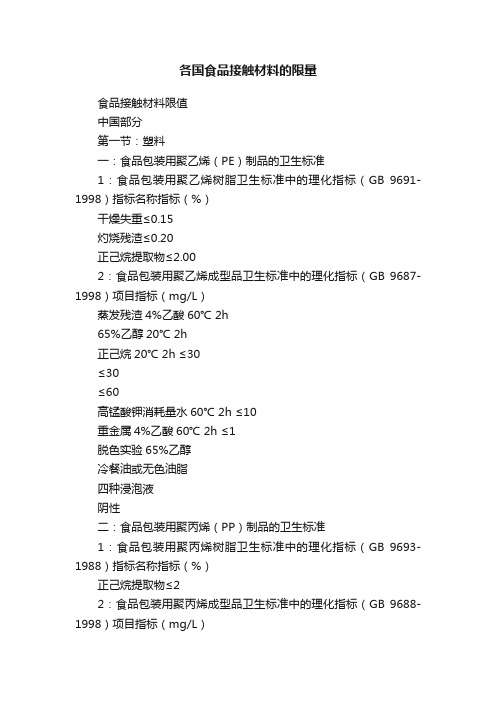 各国食品接触材料的限量