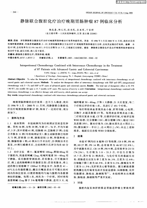 静脉联合腹腔化疗治疗晚期胃肠肿瘤87例临床分析