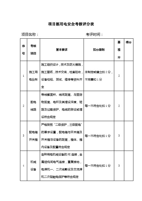 项目部用电安全考核评分表