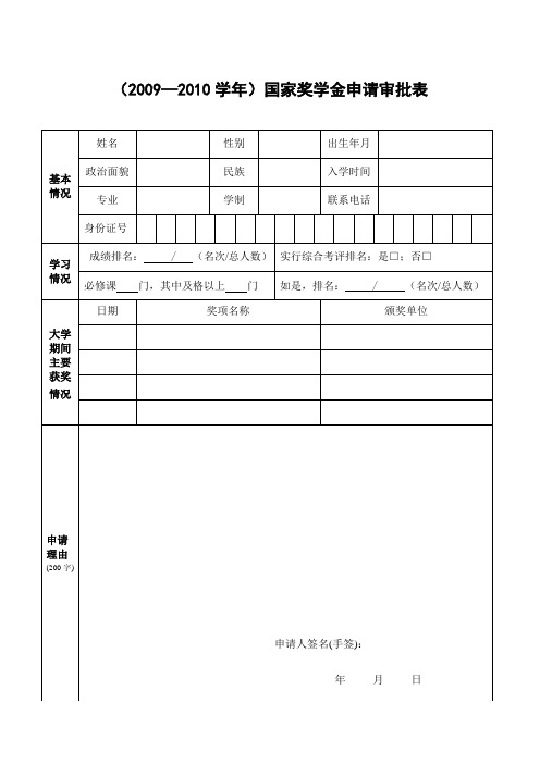 国家奖学金,国家励志奖学金申请审批表