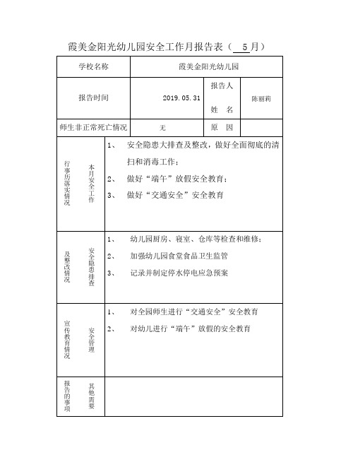 安全工作月报告表5月份